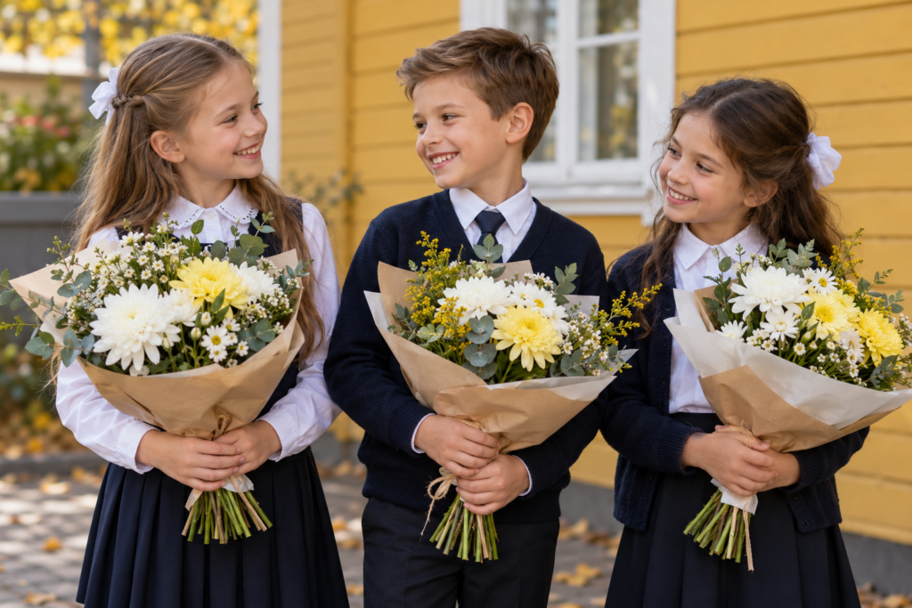 Школьники с белыми и жёлтыми хризантемами